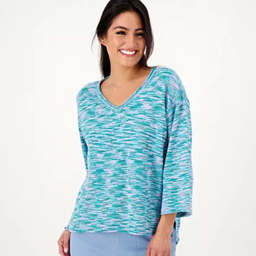 Jason Wu Aqua Blue Pink Green Marled V-Neck Sweater Wide 3/4 Sleeves Size M GUC